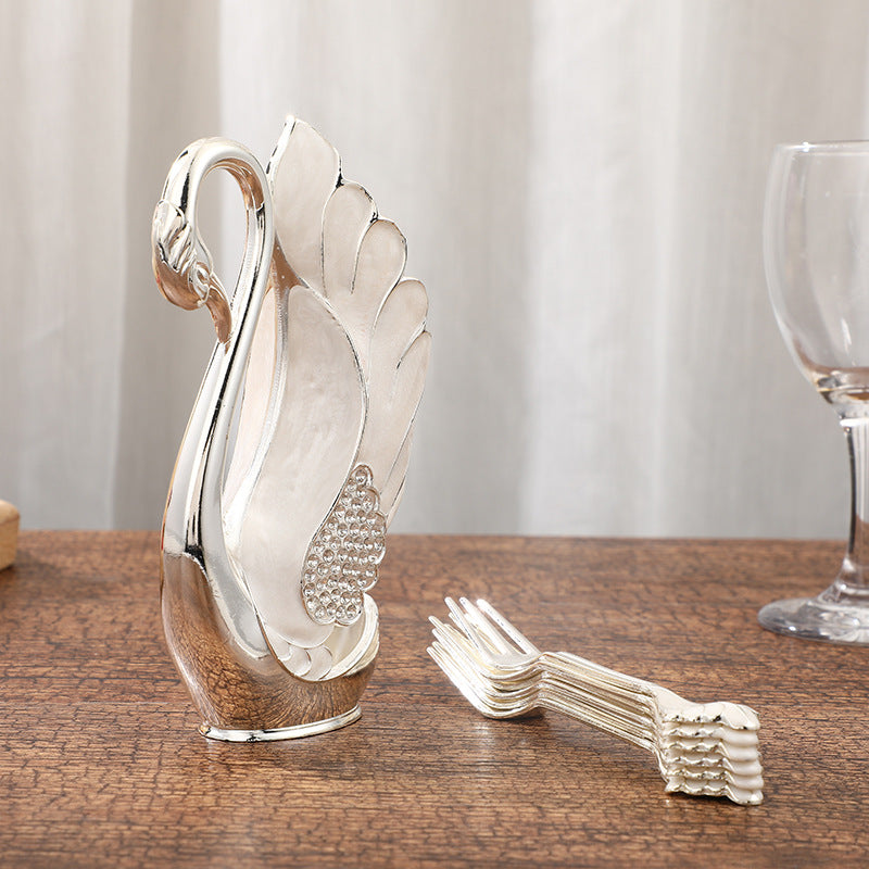 European Light Luxury Swan Spoon Holder, Golden And Silver Swan Frame, Swan Decoration, Alloy Handicraft Silver Shelf + silver Fork Height 15cm/5.9'' * Width 9.2cm/3.62''