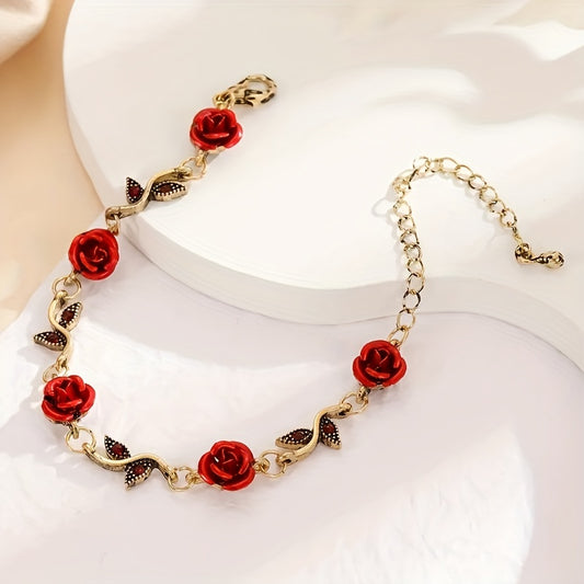 1pc Red Rose Flower Decor Chain Bracelet, Elegant Halloween Christmas Party Gift Accessories