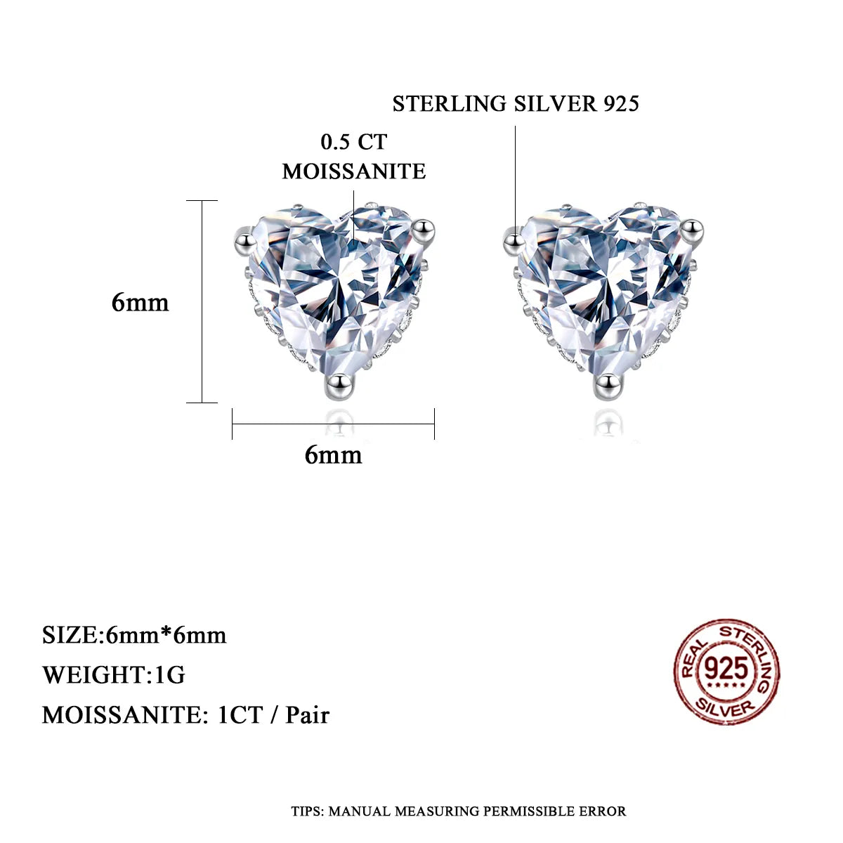 1CT Moissanite Earrings Heart Created Diamond Stone Genuine 925 Silver Women Elegant Luxury Tiny CZ Paved Studs Jewelry Gift