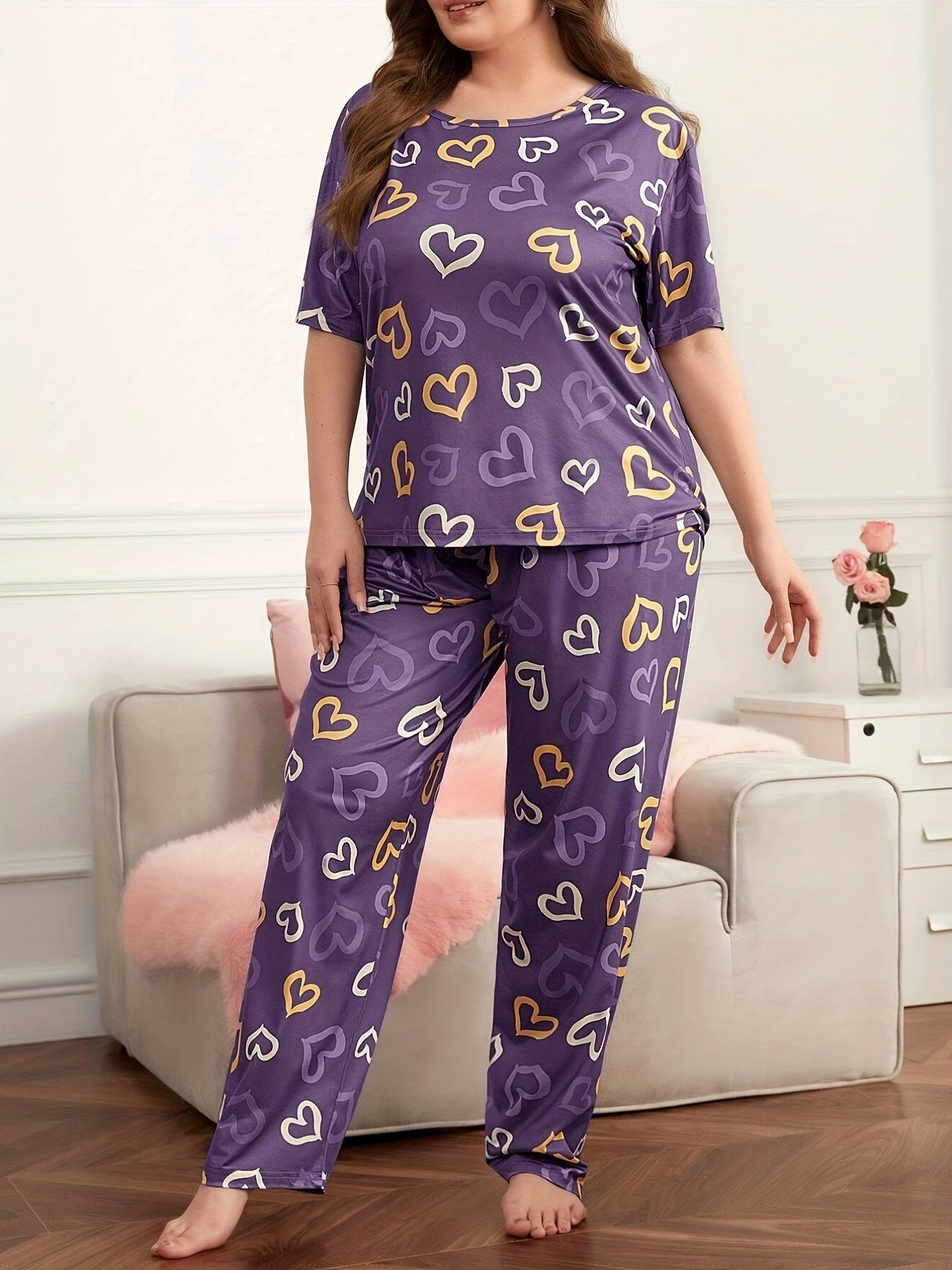 Plus Size Cute Pajama Set, Women's Plus Heart Print Short Sleeve Round Neck Loose Tee & Pants Lounge Two Piece Set