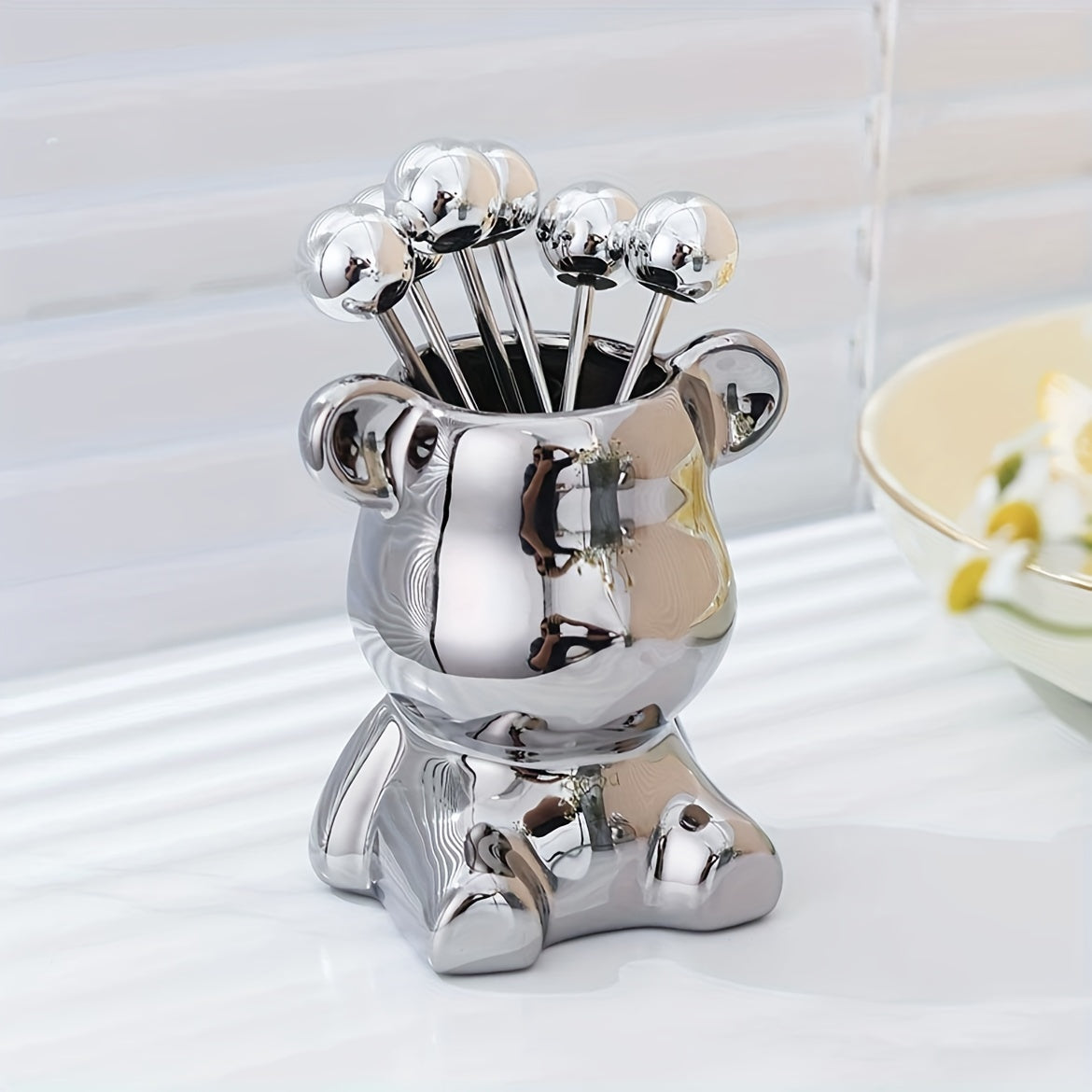 Set, Nordic Light Luxury Fruit Fork Bear Set, Household Stainless Steel Fruit Fork, High Value Storage Bear, Party Supplies, Birthday Day Gift, Birthday Day Decor, Party Supplies, Party Decor, Table Decor, Kitchen Decor, Dessert Decor
