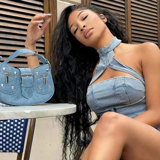 Denim Dress Sets Mini Wrap Buttocks Dress Slim Sheath Solid Two Pieces Sashes Sexy Pullover Tops Washed High Street Spliced