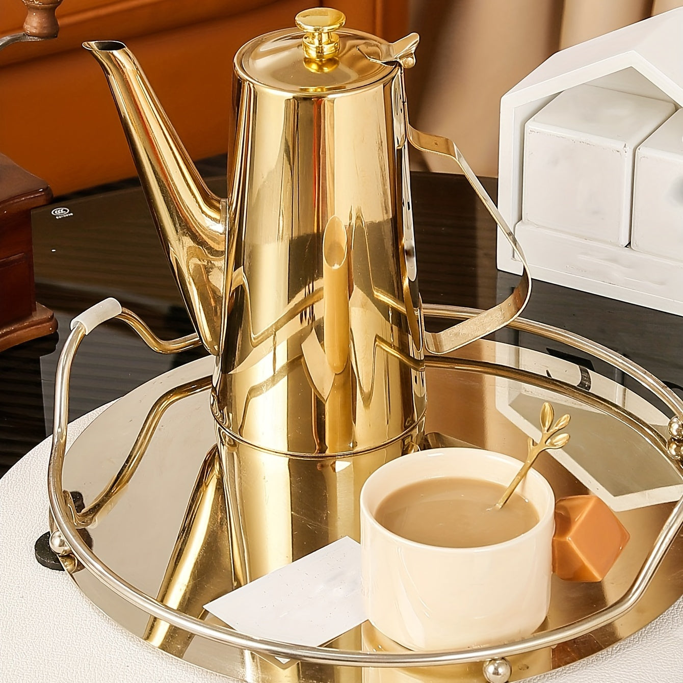1PC, Golden Coffee Pot, European Style, British Style Afternoon Tea New Thickened Stainless Steel Cold Kettle, Cool Tea Flower Coffee Kettle, Stainless Steel Tea Kettle
