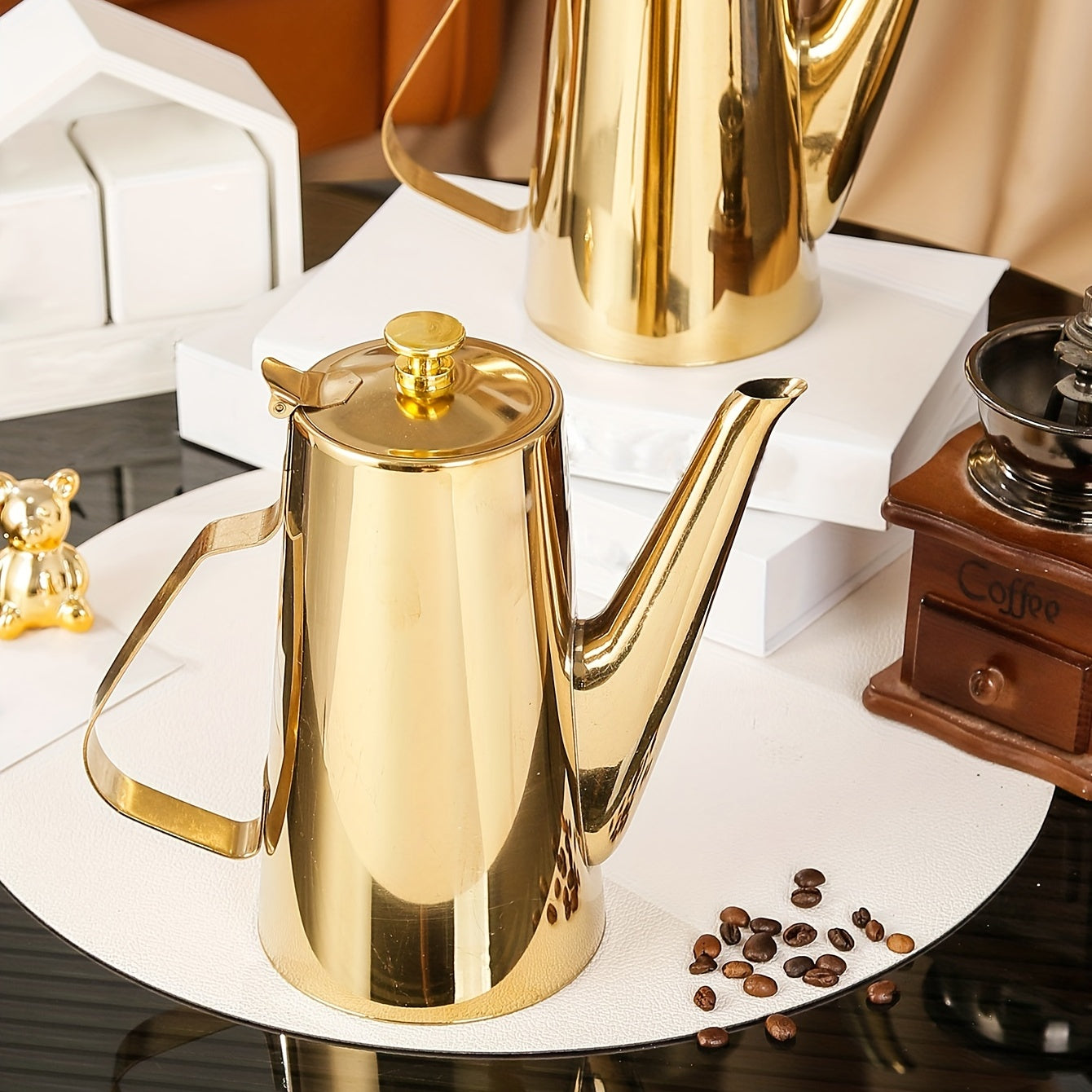 1PC, Golden Coffee Pot, European Style, British Style Afternoon Tea New Thickened Stainless Steel Cold Kettle, Cool Tea Flower Coffee Kettle, Stainless Steel Tea Kettle
