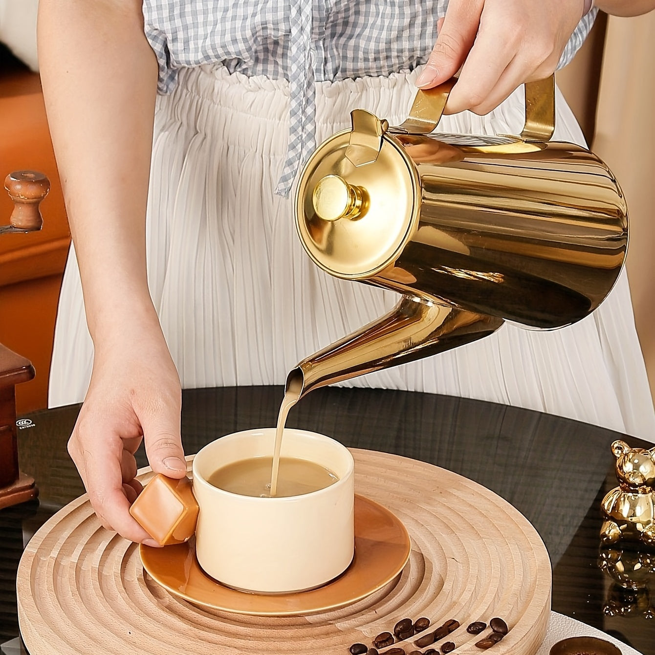 1PC, Golden Coffee Pot, European Style, British Style Afternoon Tea New Thickened Stainless Steel Cold Kettle, Cool Tea Flower Coffee Kettle, Stainless Steel Tea Kettle