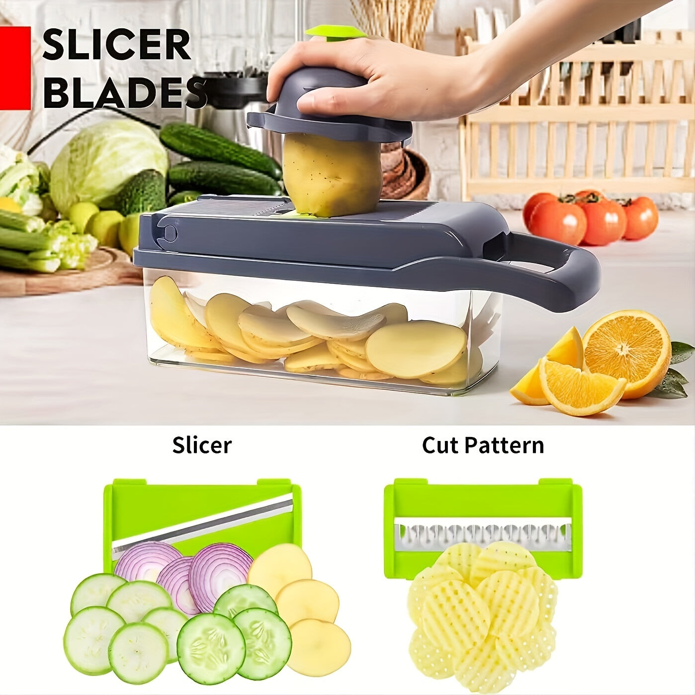 1Set Vegetable Onion Chopper, Kitchen 15 In 1 Food Chopper 8 Blades Cutter With Container(13.7*4.7Inch)