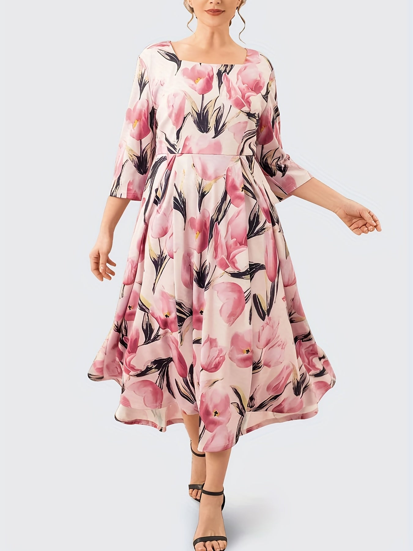 Plus Size Casual Dress, Women's Plus Floral Print Half Sleeve Square Neck Medium Stretch Maxi Dress