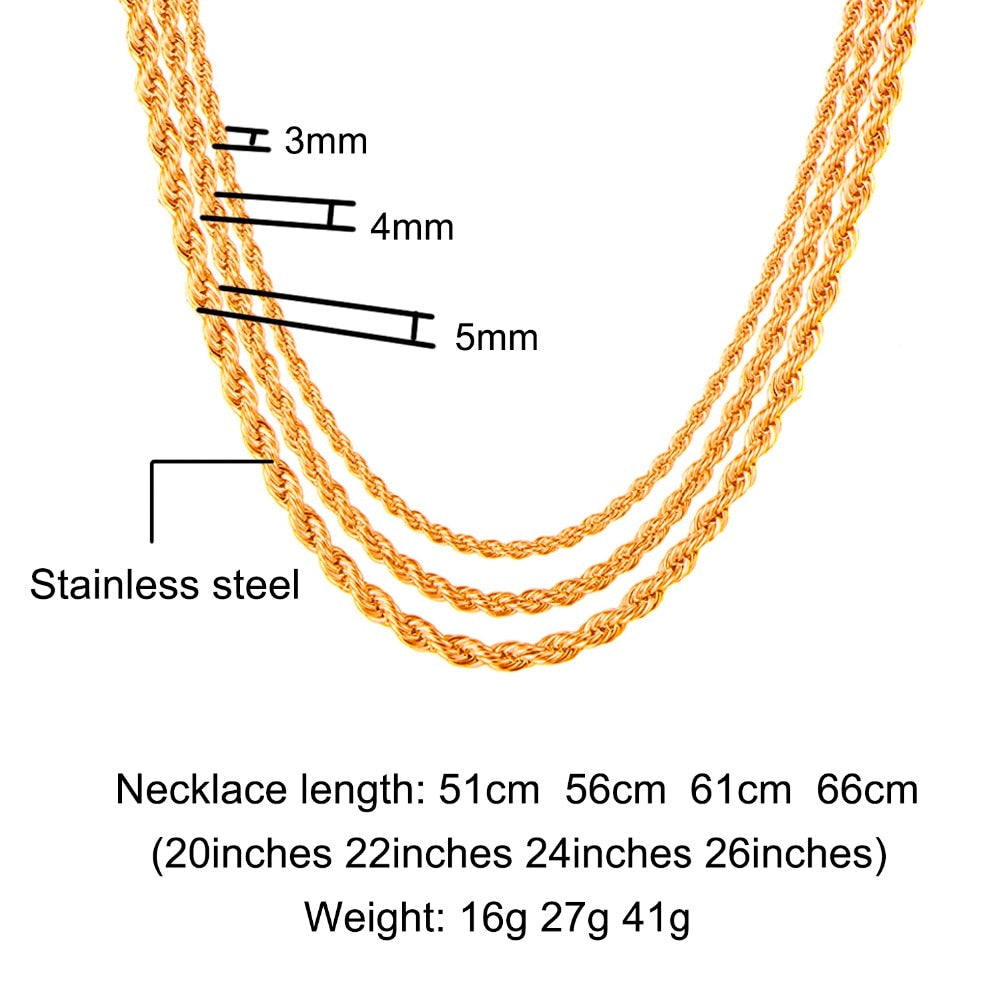 HIP Hop Width 3mm 4mm 5mm Rope Chain Necklace Twisted Gold Silver Color 316L Stainless Steel Necklaces For Women Men Jewelry