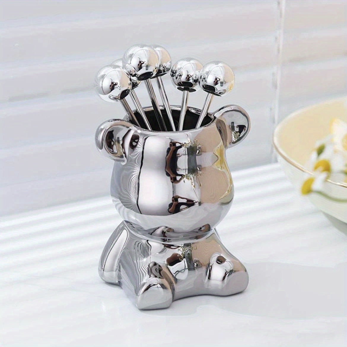 Set, Nordic Light Luxury Fruit Fork Bear Set, Household Stainless Steel Fruit Fork, High Value Storage Bear, Party Supplies, Birthday Day Gift, Birthday Day Decor, Party Supplies, Party Decor, Table Decor, Kitchen Decor, Dessert Decor 130g Stainless Steel