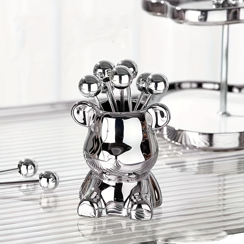 Set, Nordic Light Luxury Fruit Fork Bear Set, Household Stainless Steel Fruit Fork, High Value Storage Bear, Party Supplies, Birthday Day Gift, Birthday Day Decor, Party Supplies, Party Decor, Table Decor, Kitchen Decor, Dessert Decor