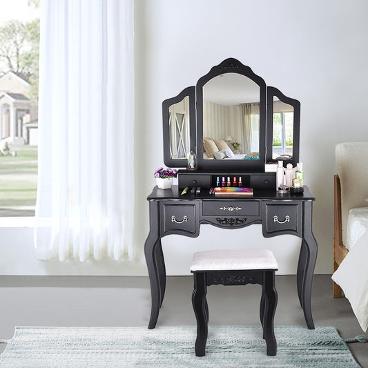Vanity Beauty Station Makeup Table And Wooden Stool 3 Mirrors And 5 Drawers Set