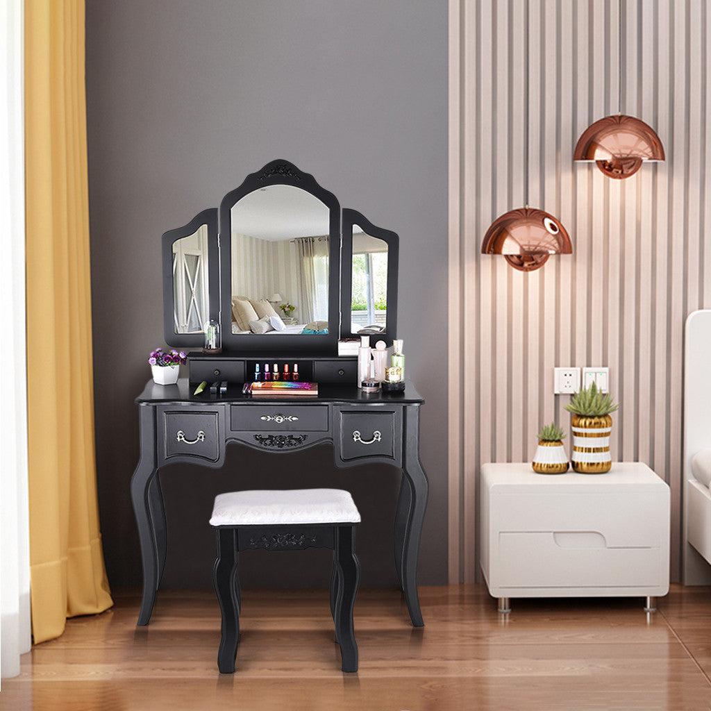 Vanity Beauty Station Makeup Table And Wooden Stool 3 Mirrors And 5 Drawers Set Vanity Beauty Station Makeup Table And Wooden Stool 3 Mirrors And 5 Drawers Set