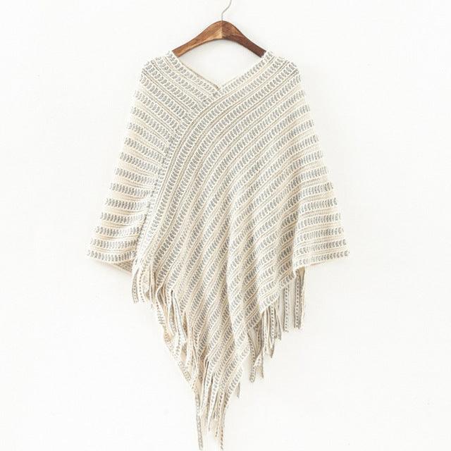 Women Sweater Poncho Beige One Size