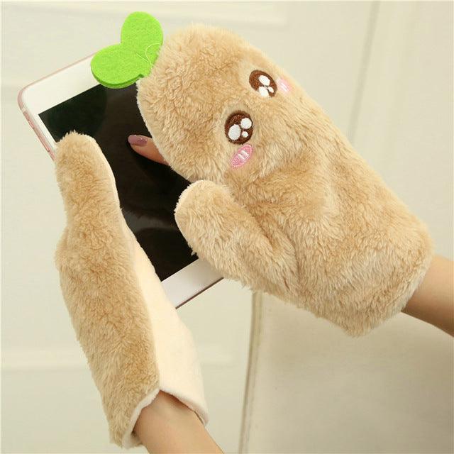 Women Winter Warmer Gloves Plush Mittens Khaki
