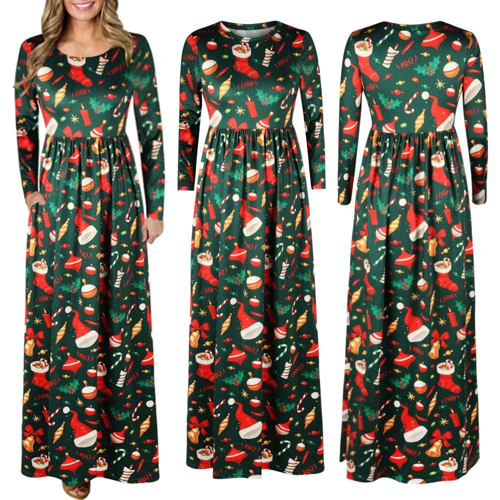 Women Christmas Print Long Sleeve Dress Ladies Evening Party Long Maxi Dress 2017 girl lady winter Vintage dress ship from USA