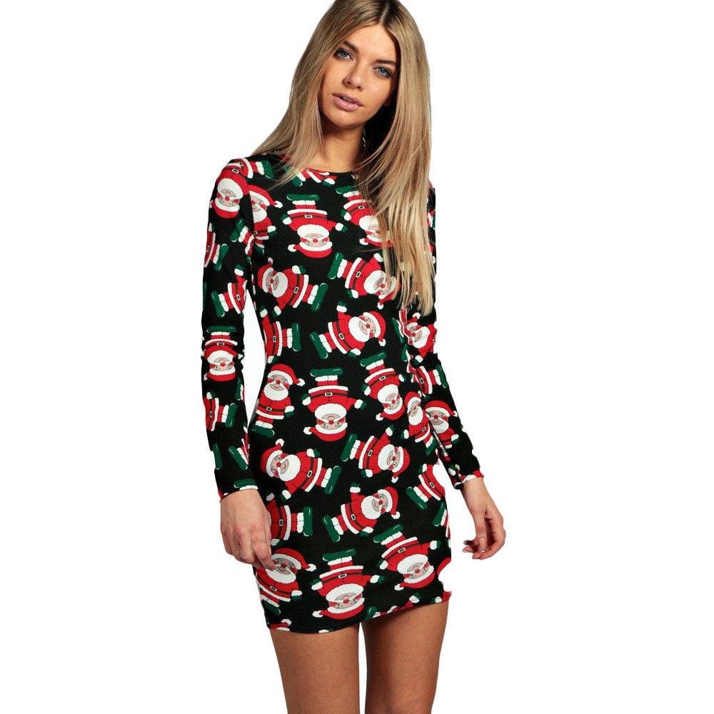 Women Christmas Santa Printed dress 2017 girl lady Fashion Long Sleeve Santa Printing Christmas Party Swing Dress ship from USA