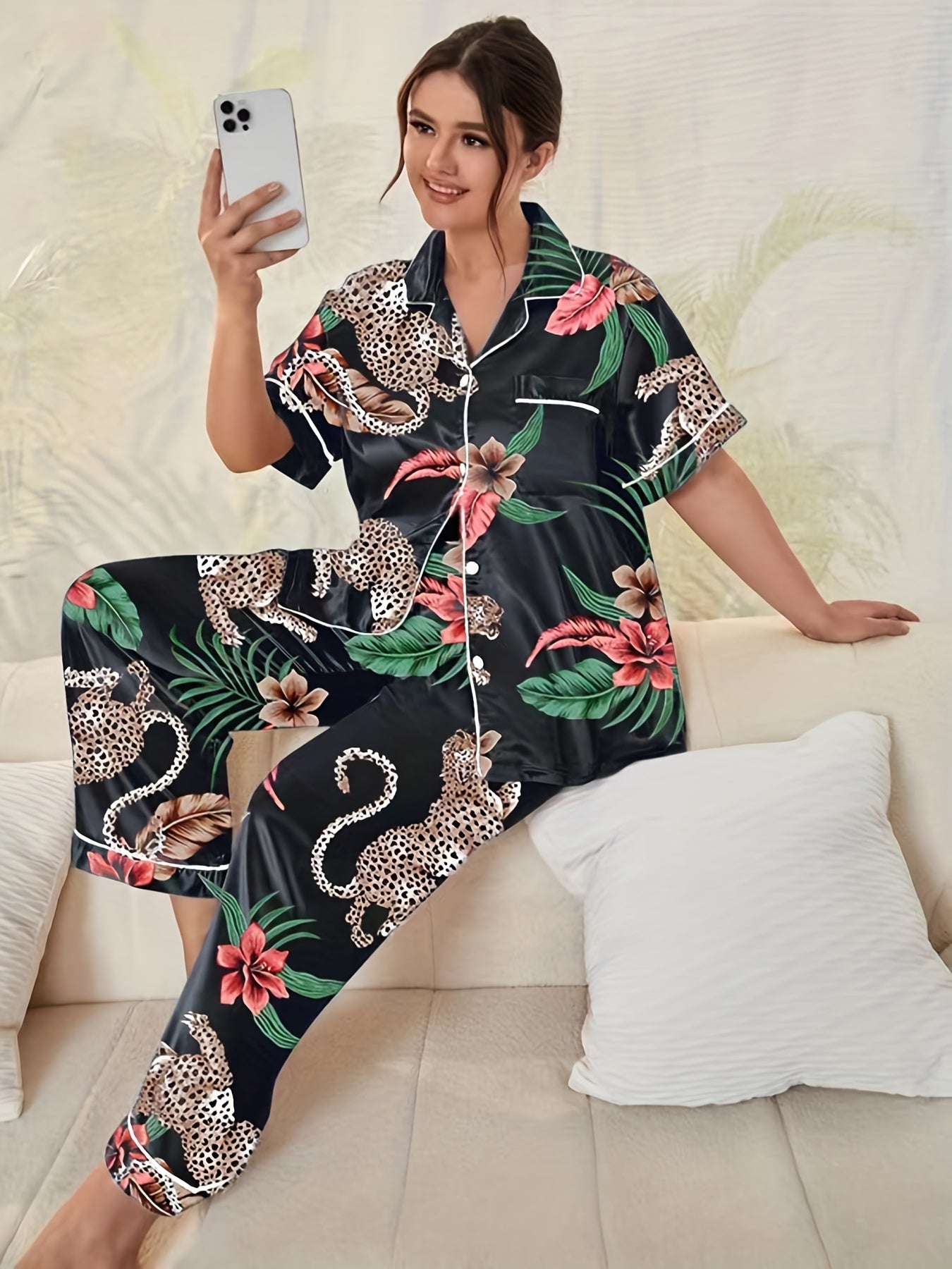 Look & Feel Fabulous in this Plus Size Casual Pajama Set - Women's Satin Leopard Print Tee & Smooth Pants 2pcs Set