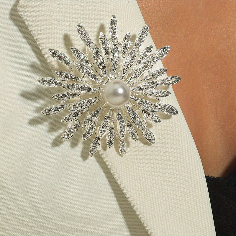 Large Double Layer Flower Brooch Pin Inlaid Faux Pearls Ladies Clothes Accessories Gift Silvery