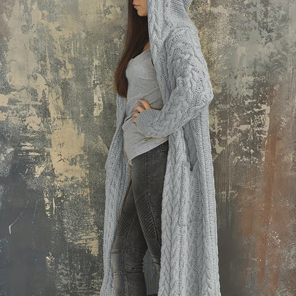 Plus Size Women's Solid Color Hooded Cardigan Coat, Casual Knitted Sweater Coat grey