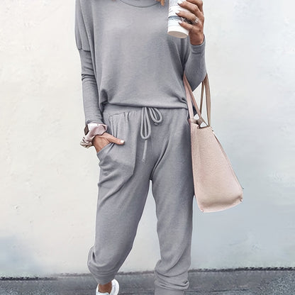 Casual Solid Two-piece Set, Long Sleeve T-shirt & Drawstring Pants Outfits, Women's Clothing Light Grey