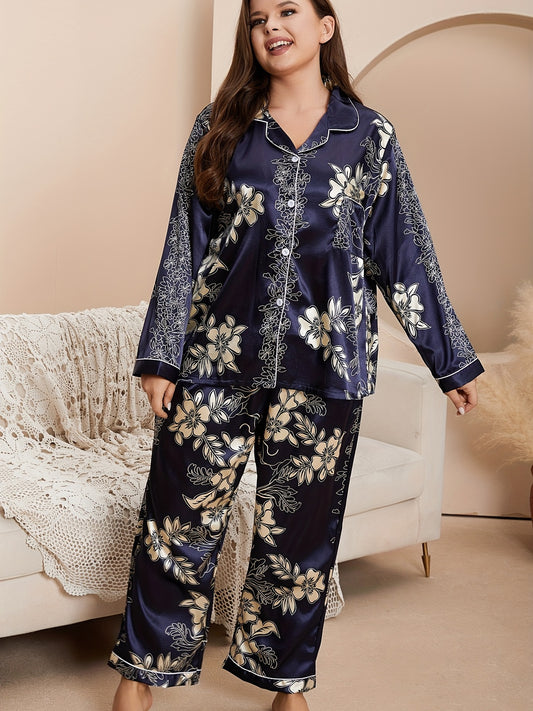 Women's Plus Size Elegant Floral Print Pajama Set - Long Sleeve Top & Pants Two Piece Set