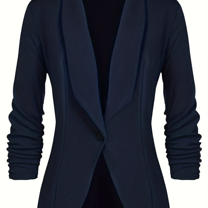 Plus Size Casual Blazer, Women's Plus Solid Long Sleeve Lapel Collar Single Breast Button Slim Fit Blazer Navy Blue