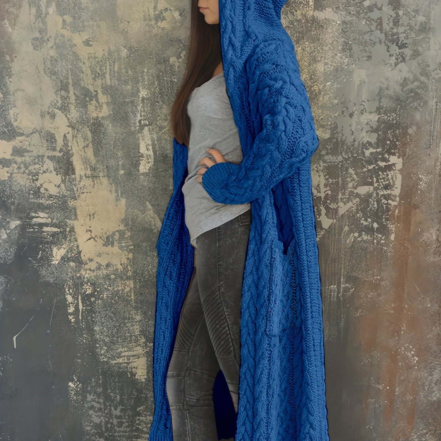 Plus Size Women's Solid Color Hooded Cardigan Coat, Casual Knitted Sweater Coat Royal Blue