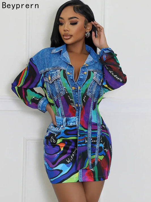 Beyprern Lux Denim Effect Set Women's Print Long Sleeve Colorful Blouse Top And Skirt Set Two-Piece Dress Outfits Night Clubwear
