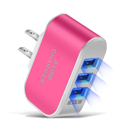 3-Port USB Wall Charger with LED Indicator - Candy Color US-Spec Power Adapter for Home Charging Rose Color