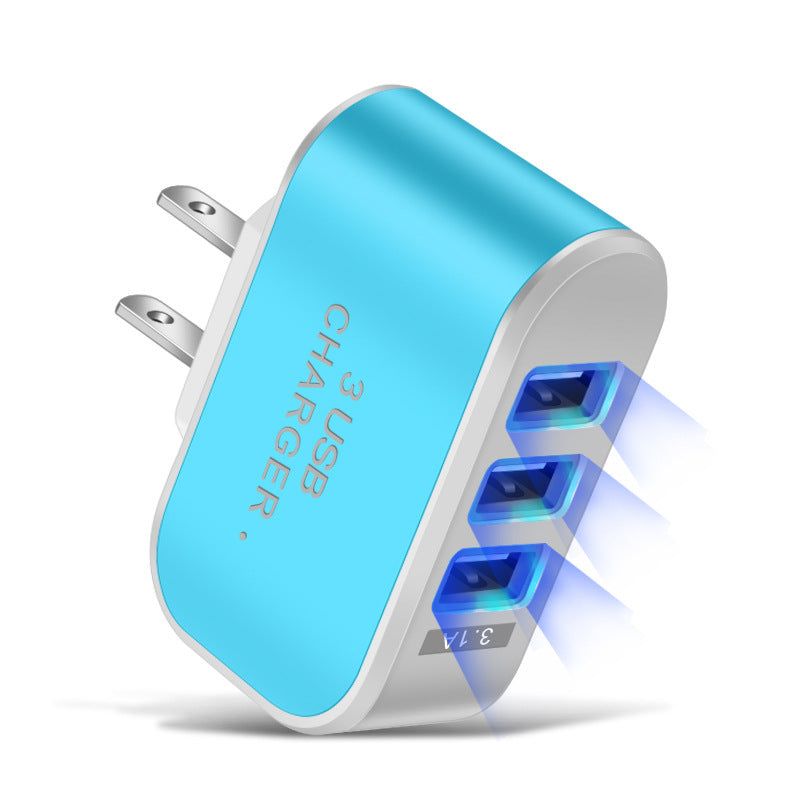 3-Port USB Wall Charger with LED Indicator - Candy Color US-Spec Power Adapter for Home Charging Blue