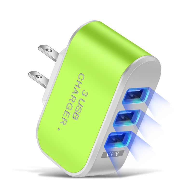 3-Port USB Wall Charger with LED Indicator - Candy Color US-Spec Power Adapter for Home Charging Green