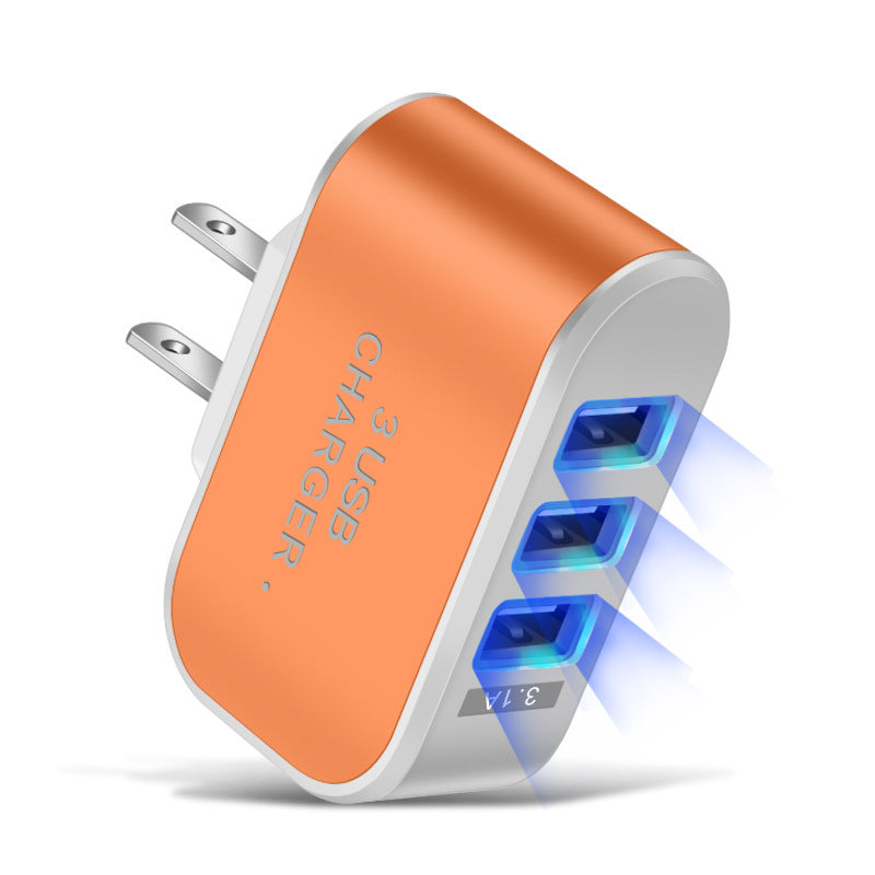 3-Port USB Wall Charger with LED Indicator - Candy Color US-Spec Power Adapter for Home Charging Orange