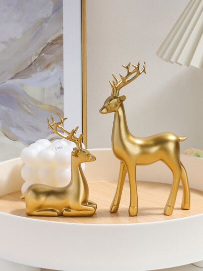 2pcs Deer Design Decoration Craft, Gold Polyresin Ornament For Home Decor one-size
