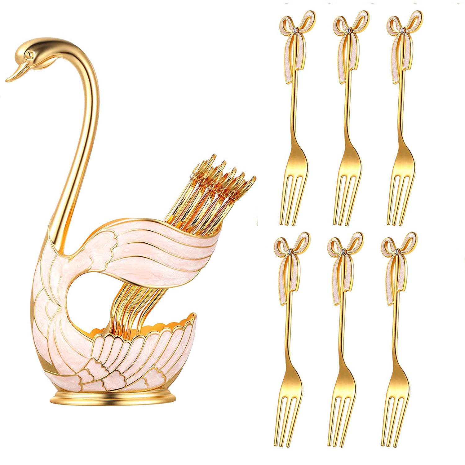 Luxury Metal Coffee Dessert Spoon Set Swan Base Holder With 6pcs Ice Cream Spoons Forks Teaspoons Dessert Sugar Salad Flatware Holder-6 Forks