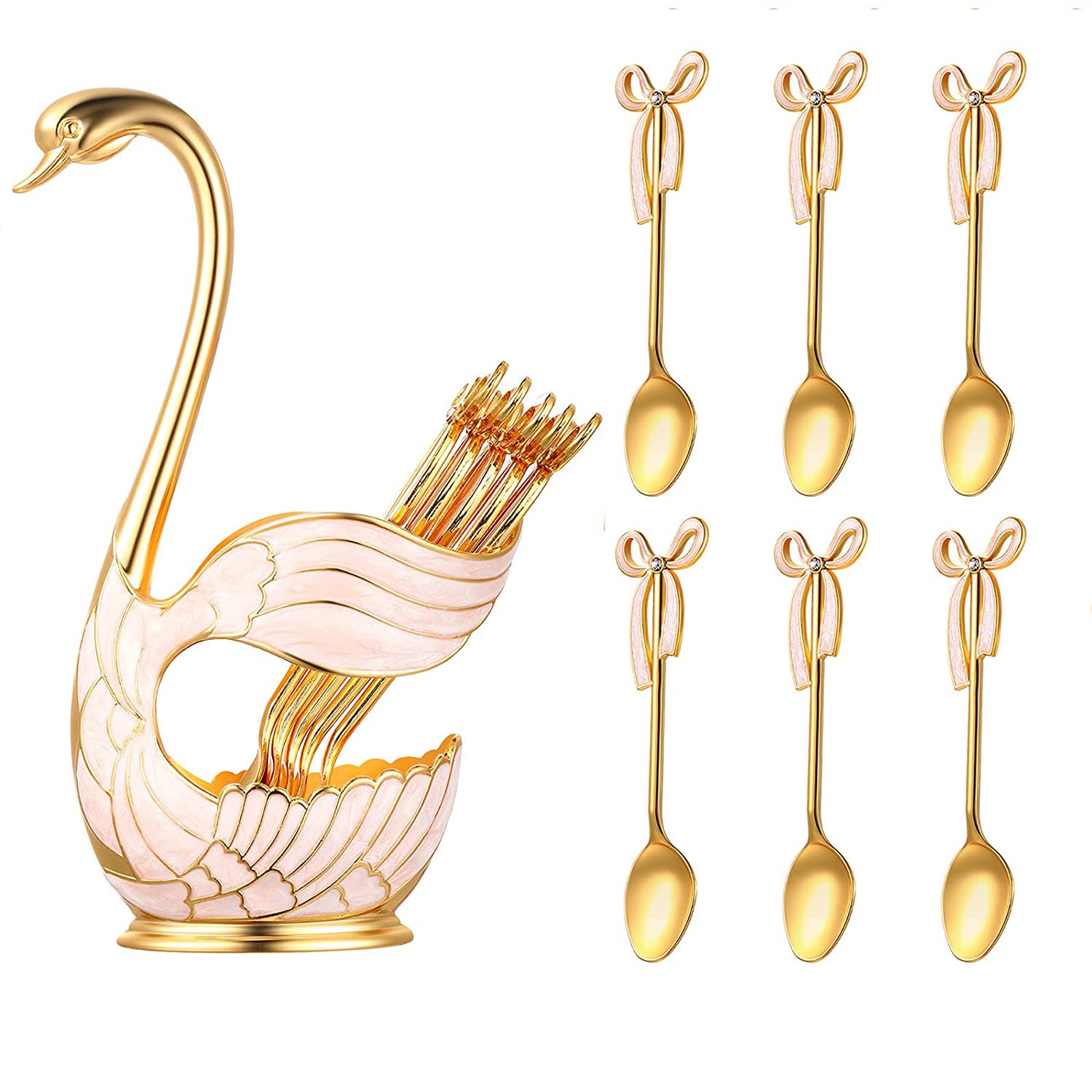 Luxury Metal Coffee Dessert Spoon Set Swan Base Holder With 6pcs Ice Cream Spoons Forks Teaspoons Dessert Sugar Salad Flatware Holder-6 Spoons