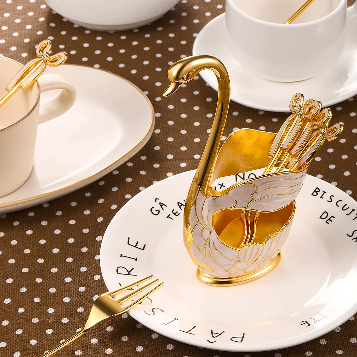 Luxury Metal Coffee Dessert Spoon Set Swan Base Holder With 6pcs Ice Cream Spoons Forks Teaspoons Dessert Sugar Salad Flatware