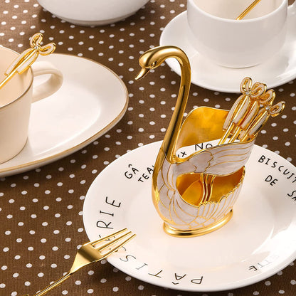 Luxury Metal Coffee Dessert Spoon Set Swan Base Holder With 6pcs Ice Cream Spoons Forks Teaspoons Dessert Sugar Salad Flatware