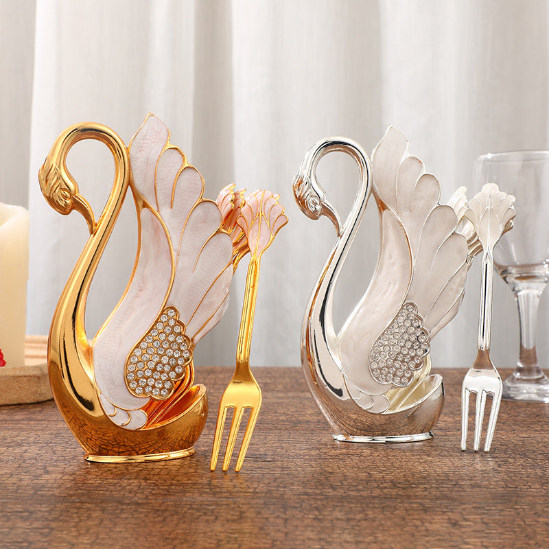 European Light Luxury Swan Spoon Holder, Golden And Silver Swan Frame, Swan Decoration, Alloy Handicraft