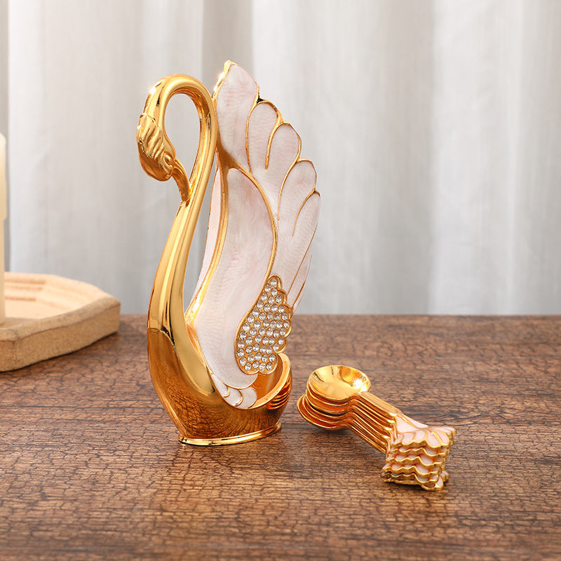 European Light Luxury Swan Spoon Holder, Golden And Silver Swan Frame, Swan Decoration, Alloy Handicraft Golden Shelf + Golden Spoon Height 15cm/5.9'' * Width 9.2cm/3.62''
