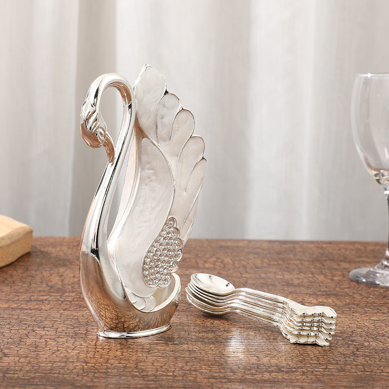 European Light Luxury Swan Spoon Holder, Golden And Silver Swan Frame, Swan Decoration, Alloy Handicraft Silver Shelf + silver Spoon Height 15cm/5.9'' * Width 9.2cm/3.62''