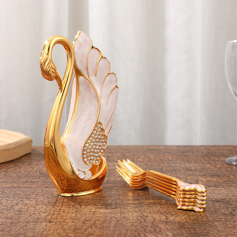 European Light Luxury Swan Spoon Holder, Golden And Silver Swan Frame, Swan Decoration, Alloy Handicraft Golden Shelf + golden Fork Height 15cm/5.9'' * Width 9.2cm/3.62''