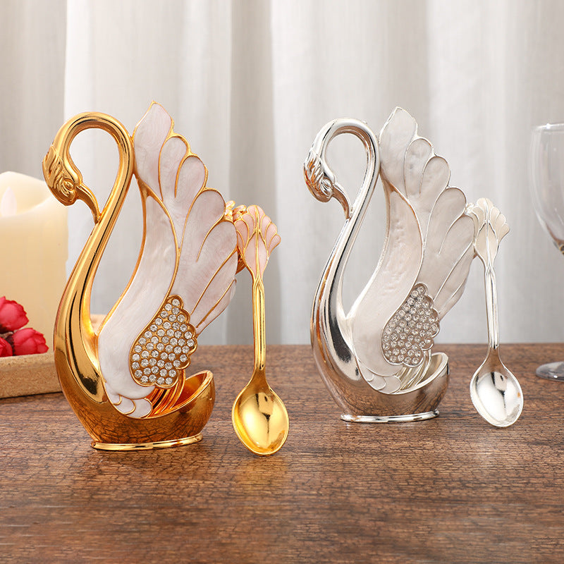European Light Luxury Swan Spoon Holder, Golden And Silver Swan Frame, Swan Decoration, Alloy Handicraft
