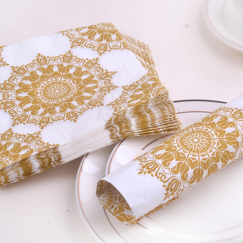 20pcs Golden Napkin Printed Placemat Paper, Hotel Banquet Paper Cup Flower Paper Golden Holiday Party Decoration Golden