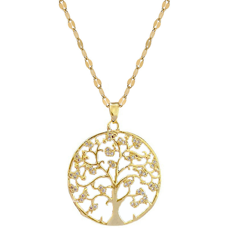 Creative Trendy Elegant Zircon Tree Of Life Pendant Necklace Decorative Accessories Holiday Birthday Gift For Girls Golden
