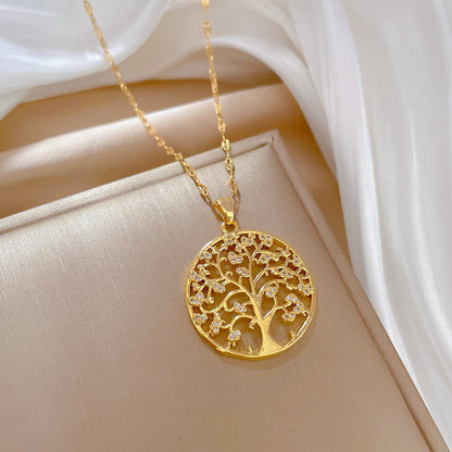 Creative Trendy Elegant Zircon Tree Of Life Pendant Necklace Decorative Accessories Holiday Birthday Gift For Girls