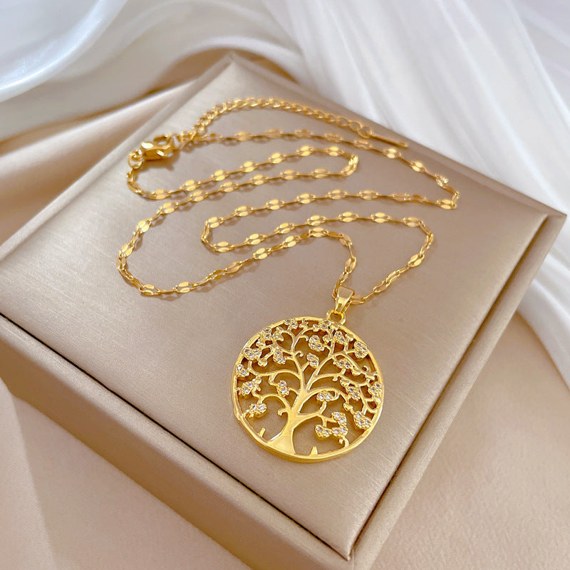 Creative Trendy Elegant Zircon Tree Of Life Pendant Necklace Decorative Accessories Holiday Birthday Gift For Girls
