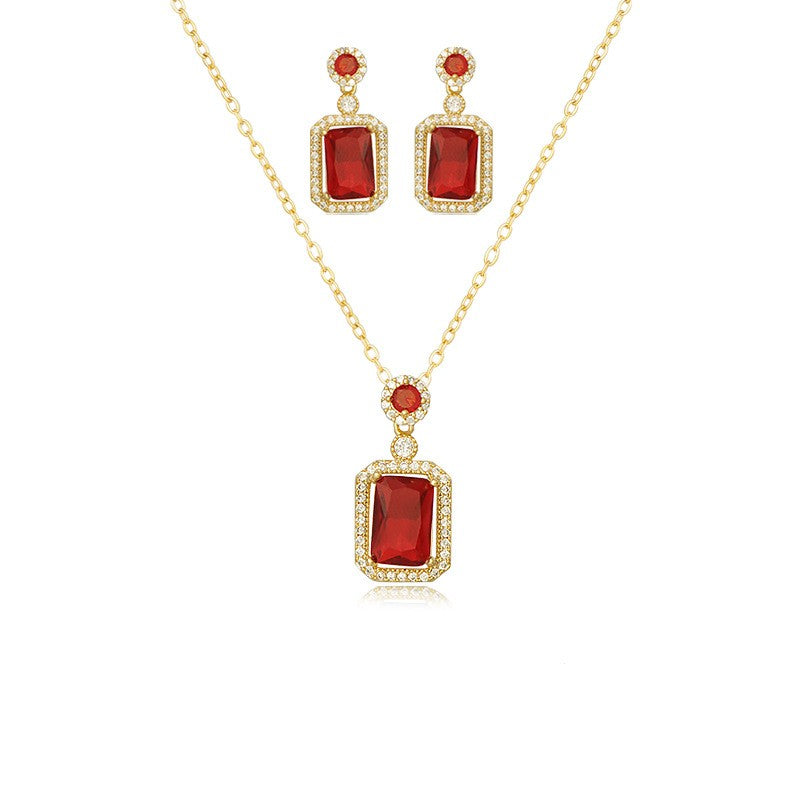 Rhinestone Pendant Necklace Stud Earrings Set Cubic Zirconia Green Jewelry Red Jewelry Sets Daily Accessories Gift Red