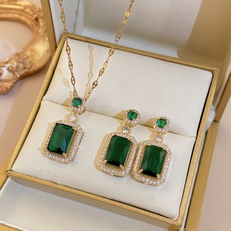 Rhinestone Pendant Necklace Stud Earrings Set Cubic Zirconia Green Jewelry Red Jewelry Sets Daily Accessories Gift