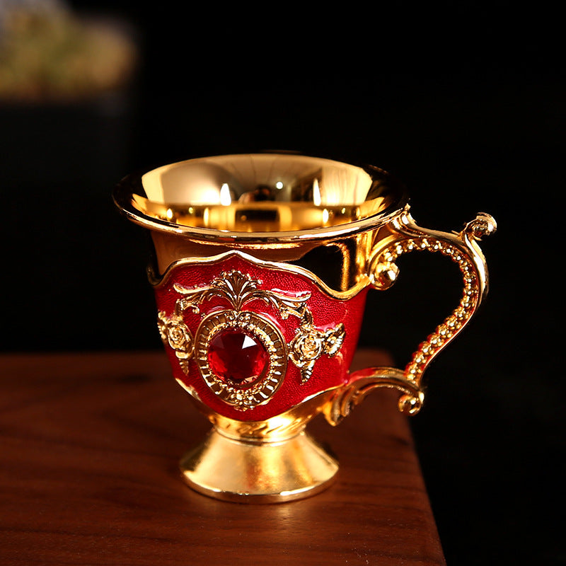 1pc, European Style Wine Glasses, 25ml/0.85oz Metal Drinking Cup, Rhinestone Decor Embossed Wine Cup, Home Decor, Room Decor, Summer Winter Drinkware Accessories Golden Red