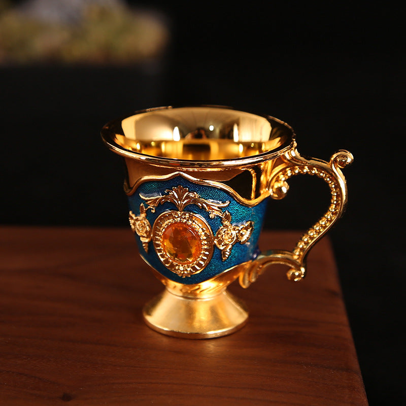 1pc, European Style Wine Glasses, 25ml/0.85oz Metal Drinking Cup, Rhinestone Decor Embossed Wine Cup, Home Decor, Room Decor, Summer Winter Drinkware Accessories Golden Blue